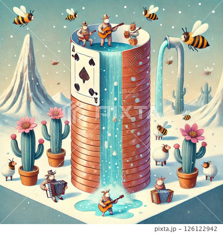 水が流れる円柱の建物で演奏をする羊の楽団 水が流れる円柱の建物で演奏をする羊の楽団 126122942