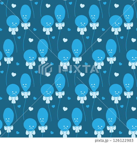 Blue Balloons with tied ribbon bow and decorative hearts Monochrome blue Seamless Pattern Sad Mood 126122983