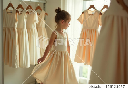 Little girl trying on a dress in a store with a large selection of beige clothes for children Little girl trying on a dress in a store with a large selection of beige clothes for children 126123027