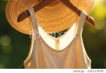 Summer casual dress and hat hanging on hanger in sunshine on green background, close-up Summer casual dress and hat hanging on hanger in sunshine on green background, close-up 126123030