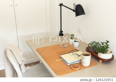 Minimalist home office desk with plants, notebook, and coffee mug 126123051