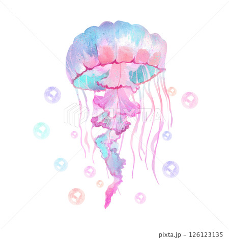 Hand Drawn Watercolor Composition with Jellyfish and Bubbles. Picture for Printing on Clothes and Posters Hand Drawn Watercolor Composition with Jellyfish and Bubbles. Picture for Printing on Clothes and Posters 126123135