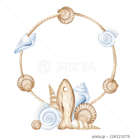 A round frame made of jute rope with different shells and a composition of seashells and a stylized wooden fish figure. Watercolor illustration on a white background. A marine-themed template with an A round frame made of jute rope with different shells and a composition of seashells and a stylized wooden fish figure. Watercolor illustration on a white background. A marine-themed template with an 126123279