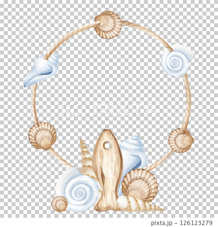 A round frame made of jute rope with different shells and a composition of seashells and a stylized wooden fish figure. Watercolor illustration on a white background. A marine-themed template with an A round frame made of jute rope with different shells and a composition of seashells and a stylized wooden fish figure. Watercolor illustration on a white background. A marine-themed template with an 126123279