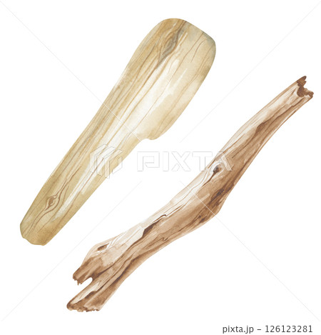 Two types of hand-painted sea pieces. Watercolor illustration of driftwood. Isolated on a white background. A clipart for the design of a marine theme. The structure of the tree. 126123281