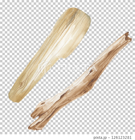 Two types of hand-painted sea pieces. Watercolor illustration of driftwood. Isolated on a white background. A clipart for the design of a marine theme. The structure of the tree. 126123281