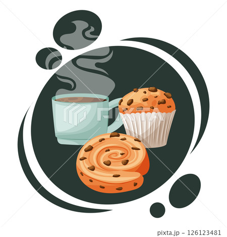 Vector illustration of coffee cup with chocolate muffin and roll. Cozy breakfast or cafe concept. Vector illustration of coffee cup with chocolate muffin and roll. Cozy breakfast or cafe concept. 126123481