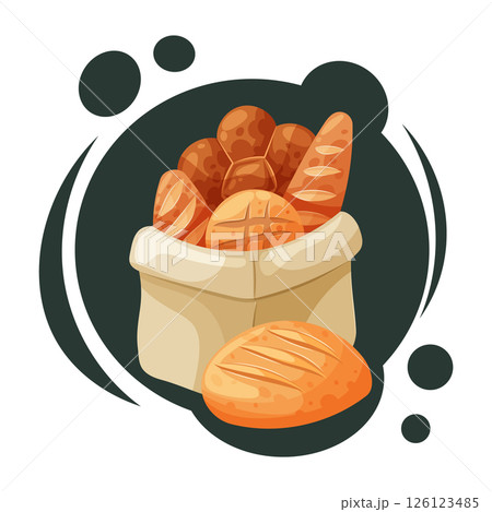 Vector illustration of assorted bakery bread in a paper bag. Fresh baked goods. Rustic food concept. 126123485