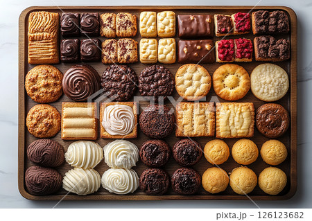 Variety of bakes and cookies in on a wooden trading tray on a white background. 126123682
