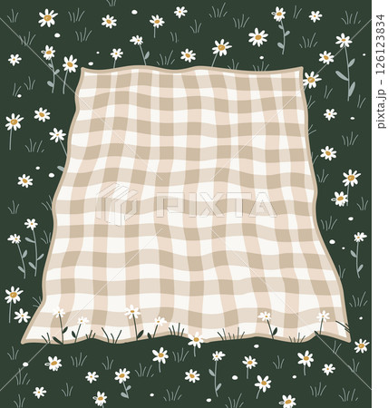 Checkered beige plaid rolled out on the daisy flowers grass. Picnic on the meadow, vector design element. Checkered beige plaid rolled out on the daisy flowers grass. Picnic on the meadow, vector design element. 126123834