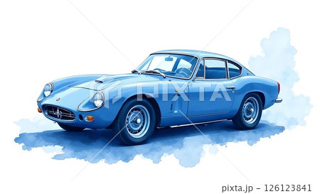 Vintage blue sports car on a watercolor backdrop showcasing classic automotive design and elegance 126123841