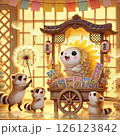 タンポポの種で喜ぶアライグマ達と屋台で働くハリネズミ 126123842