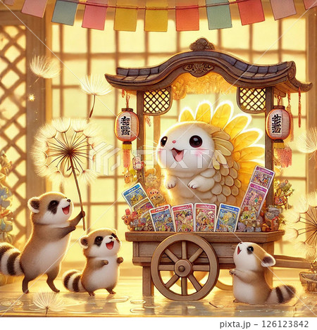タンポポの種で喜ぶアライグマ達と屋台で働くハリネズミ 126123842