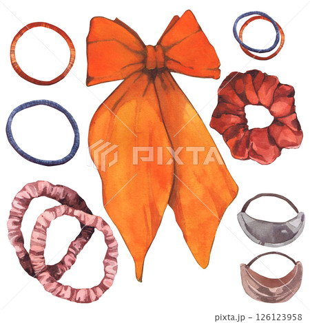 Watercolor illustrations of hairpins and hair items. Hand-drawn set of isolated clip art on a white background. Bright and stylish pictures of realistic hairpins and hair care devices for textiles 126123958