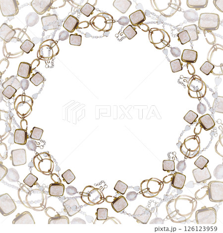 Watercolor frame with beautiful women's accessories. Hand-drawn isolated llustration on a white background. Stylish and realistic pictures of jewelry, makeup items and cosmetics for textiles, printing Watercolor frame with beautiful women's accessories. Hand-drawn isolated llustration on a white background. Stylish and realistic pictures of jewelry, makeup items and cosmetics for textiles, printing 126123959
