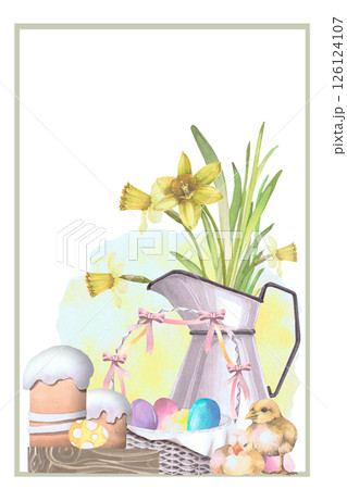 Narcissus in jug, Easter cake, eggs in a wicker basket with bon, chickens watercolor illustration isolated on white. Elements Hand drawn in pastel tones for Easter cards, packaging and festive decor Narcissus in jug, Easter cake, eggs in a wicker basket with bon, chickens watercolor illustration isolated on white. Elements Hand drawn in pastel tones for Easter cards, packaging and festive decor 126124107