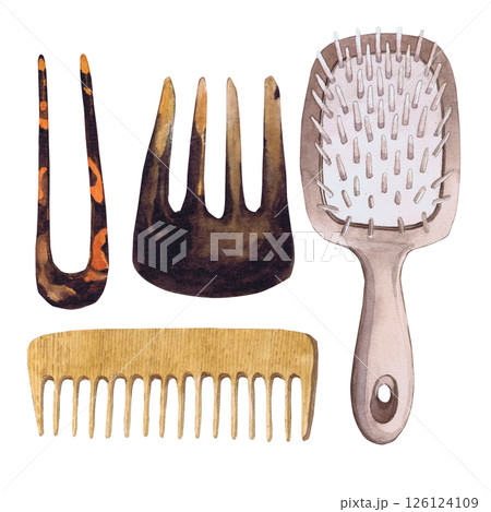 Watercolor illustrations of hairpins and hair items. Hand-drawn set of isolated clip art on a white background. Bright and stylish pictures of realistic hairpins and hair care devices for textiles 126124109