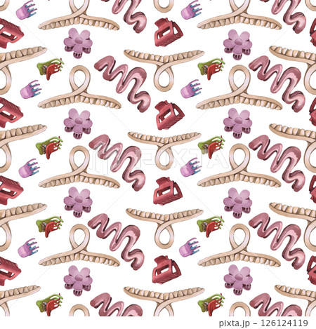 Watercolor illustrations of hairpins and hair items. Hand-drawn seamless pattern of isolated clip art on a white background. Bright and stylish pictures of realistic hairpins and hair care devices for 126124119