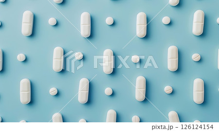 Pills on blue background. Generative AI 126124154
