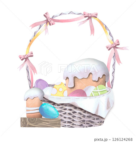 Basket with eggs and Easter cake watercolor illustration isolated on white. Kulich and eggs hand drawn pastel tones for Easter cards, packaging and festive decor 126124268