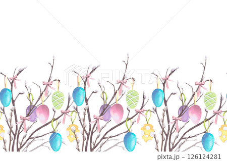 Seamless border of willow branches with Easter colored eggs with bows, watercolor illustration isolated on white. Hand drawn elements in pastel tones for Easter cards, packaging and festive decor 126124281