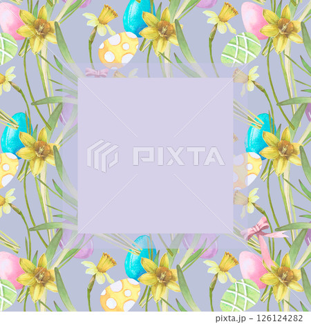 Frame with Easter eggs and narcissus flowers watercolor illustration isolated on color background. Spring flowers and eggs hand drawn in pastel colors for Easter cards, packaging and holiday decor Frame with Easter eggs and narcissus flowers watercolor illustration isolated on color background. Spring flowers and eggs hand drawn in pastel colors for Easter cards, packaging and holiday decor 126124282