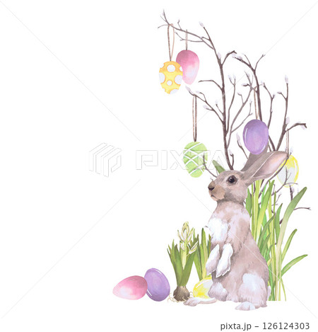 Rabbit, Willow branches with Easter eggs on strings, hyacinths watercolor illustration isolated on white. Bunny and eggs hand drawn in pastel tones for Easter cards, packaging and festive decor Rabbit, Willow branches with Easter eggs on strings, hyacinths watercolor illustration isolated on white. Bunny and eggs hand drawn in pastel tones for Easter cards, packaging and festive decor 126124303