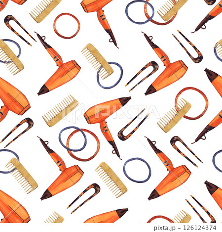 Watercolor illustrations of hairpins and hair items. Hand-drawn seamless pattern of isolated clip art on a white background. Bright and stylish pictures of realistic hairpins and hair care devices for 126124374