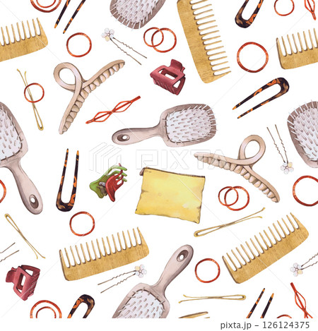Watercolor illustrations of hairpins and hair items. Hand-drawn seamless pattern of isolated clip art on a white background. Bright and stylish pictures of realistic hairpins and hair care devices for 126124375