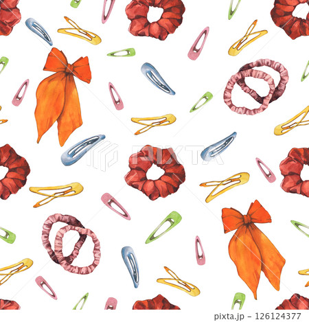 Watercolor illustrations of hairpins and hair items. Hand-drawn seamless pattern of isolated clip art on a white background. Bright and stylish pictures of realistic hairpins and hair care devices for 126124377
