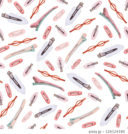 Watercolor illustrations of hairpins and hair items. Hand-drawn seamless pattern of isolated clip art on a white background. Bright and stylish pictures of realistic hairpins and hair care devices for Watercolor illustrations of hairpins and hair items. Hand-drawn seamless pattern of isolated clip art on a white background. Bright and stylish pictures of realistic hairpins and hair care devices for 126124390