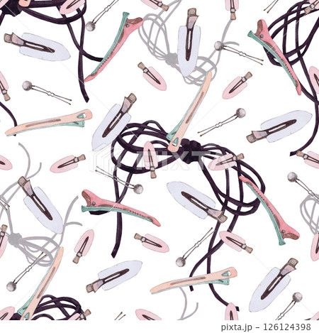 Watercolor illustrations of hairpins and hair items. Hand-drawn seamless pattern of isolated clip art on a white background. Bright and stylish pictures of realistic hairpins and hair care devices for Watercolor illustrations of hairpins and hair items. Hand-drawn seamless pattern of isolated clip art on a white background. Bright and stylish pictures of realistic hairpins and hair care devices for 126124398