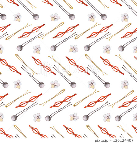 Watercolor illustrations of hairpins and hair items. Hand-drawn seamless pattern of isolated clip art on a white background. Bright and stylish pictures of realistic hairpins and hair care devices for Watercolor illustrations of hairpins and hair items. Hand-drawn seamless pattern of isolated clip art on a white background. Bright and stylish pictures of realistic hairpins and hair care devices for 126124407