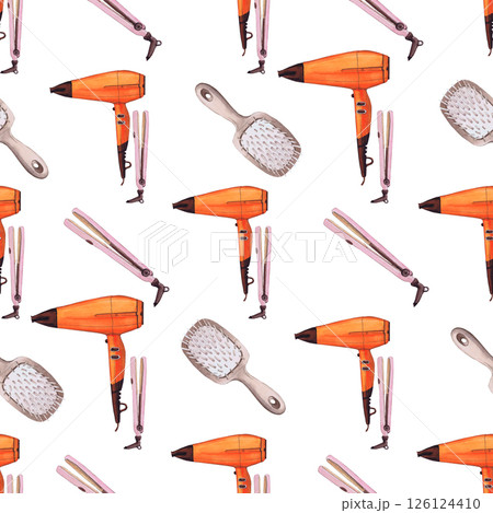 Watercolor illustrations of hairpins and hair items. Hand-drawn seamless pattern of isolated clip art on a white background. Bright and stylish pictures of realistic hairpins and hair care devices for 126124410