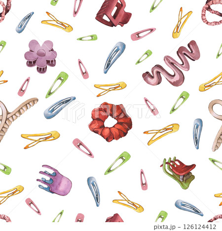 Watercolor illustrations of hairpins and hair items. Hand-drawn seamless pattern of isolated clip art on a white background. Bright and stylish pictures of realistic hairpins and hair care devices for Watercolor illustrations of hairpins and hair items. Hand-drawn seamless pattern of isolated clip art on a white background. Bright and stylish pictures of realistic hairpins and hair care devices for 126124412