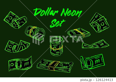 Set of 100 dollar bills. Outline neon icons 126124413