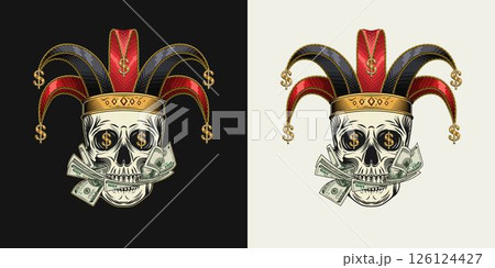 Joker, jester skull in harlequin hat with golden dollar signs. Mouth full of cash money. Concept of luck, win jackpot. Joker, jester skull in harlequin hat with golden dollar signs. Mouth full of cash money. Concept of luck, win jackpot. 126124427