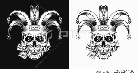 Joker, jester skull in harlequin hat with dollar signs. Mouth full of cash money. Concept of luck, win jackpot. Black and white illustration 126124430
