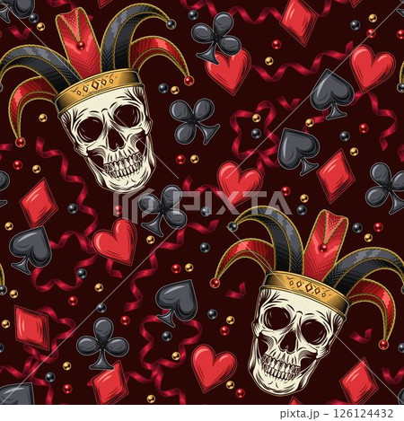 Seamless red pattern with Joker skull, scattered card suits icons, streamer ribbon. Concept of luck, win jackpot. Gambling, casino theme. 126124432