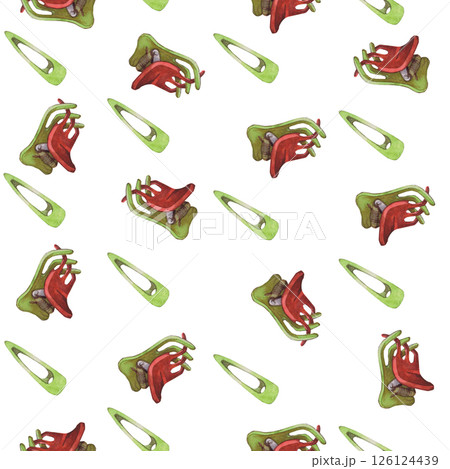 Watercolor illustrations of hairpins and hair items. Hand-drawn seamless pattern of isolated clip art on a white background. Bright and stylish pictures of realistic hairpins and hair care devices for 126124439