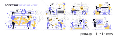 Software development concept set in flat web design. Collection with people programming and coding at computer languages, work with app scripts. Flat vector illustration isolated on white background. 126124669