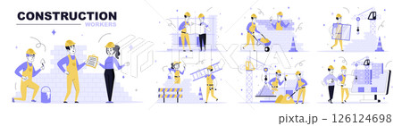 Construction workers concept set in flat web design. Collection with people in helmets and uniforms building, architect make project blueprint. Flat vector illustration isolated on white background. 126124698