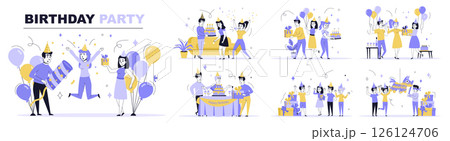 Birthday party concept set in flat web design. Collection with people celebrating with cake, give gifts, dancing, jumping, playing with pinata. Flat vector illustration isolated on white background. 126124706
