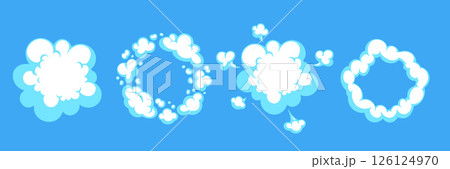 Cartoon smoke puff and comic boom cloud elements on bright blue background. Puff and cloud shapes, comic style explosion. Great for game effects, kids media, comics, posters. 126124970