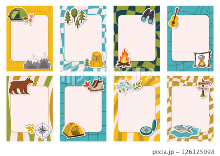 Set of groovy note frames decorated with fun camping-themed stickers. Includes playful outdoor elements like tents, trees, fires, and backpacks.