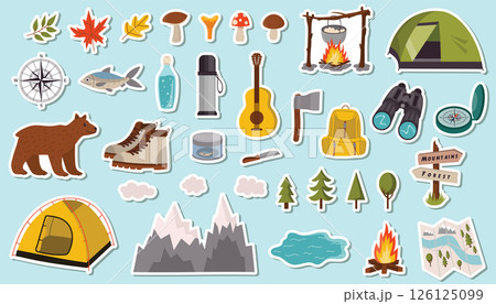 Cartoon stickers set for summer camping in flat style. Includes playful outdoor elements like tents, fires, backpacks, and trees. 126125099