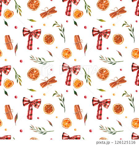 Christmas watercolor seamless pattern handmade with bows, dried fruits and cinnamon 126125116