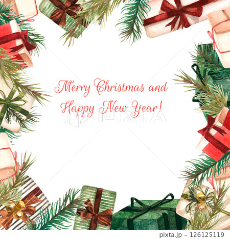 Watercolor hand painted square frame made of Christmas presents 126125119