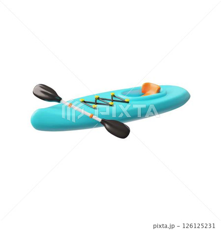 3d vector illustration of canoe, blue with paddle. Vessel for extreme recreation. 126125231