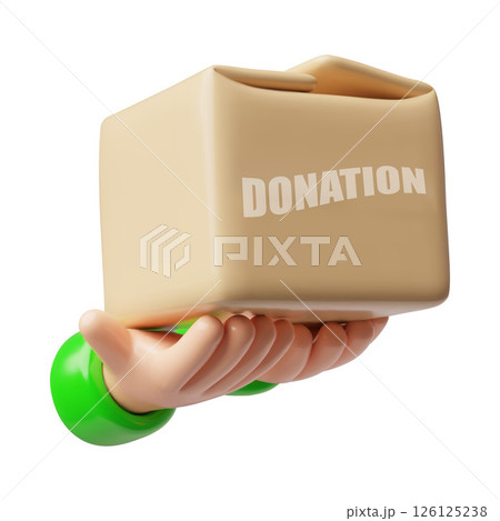3D illustration of hands holding closed cardboard box with text, donation. 3D illustration of hands holding closed cardboard box with text, donation. 126125238